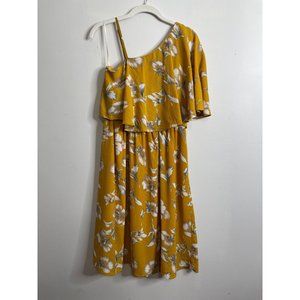 WonderLustLA Mustard Yellow One Shoulder Flounce Floral Print Dress Size M